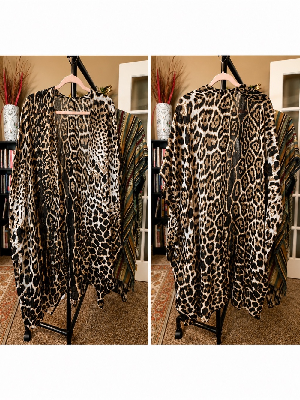 Leopard Print Women's Open Front Kimono - Brown/Black
